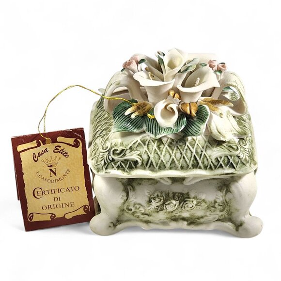 Casa Elite Capodimonte Porcelain Trinket Box Floral Top Vintage Italy Style - Picture 3 of 10
